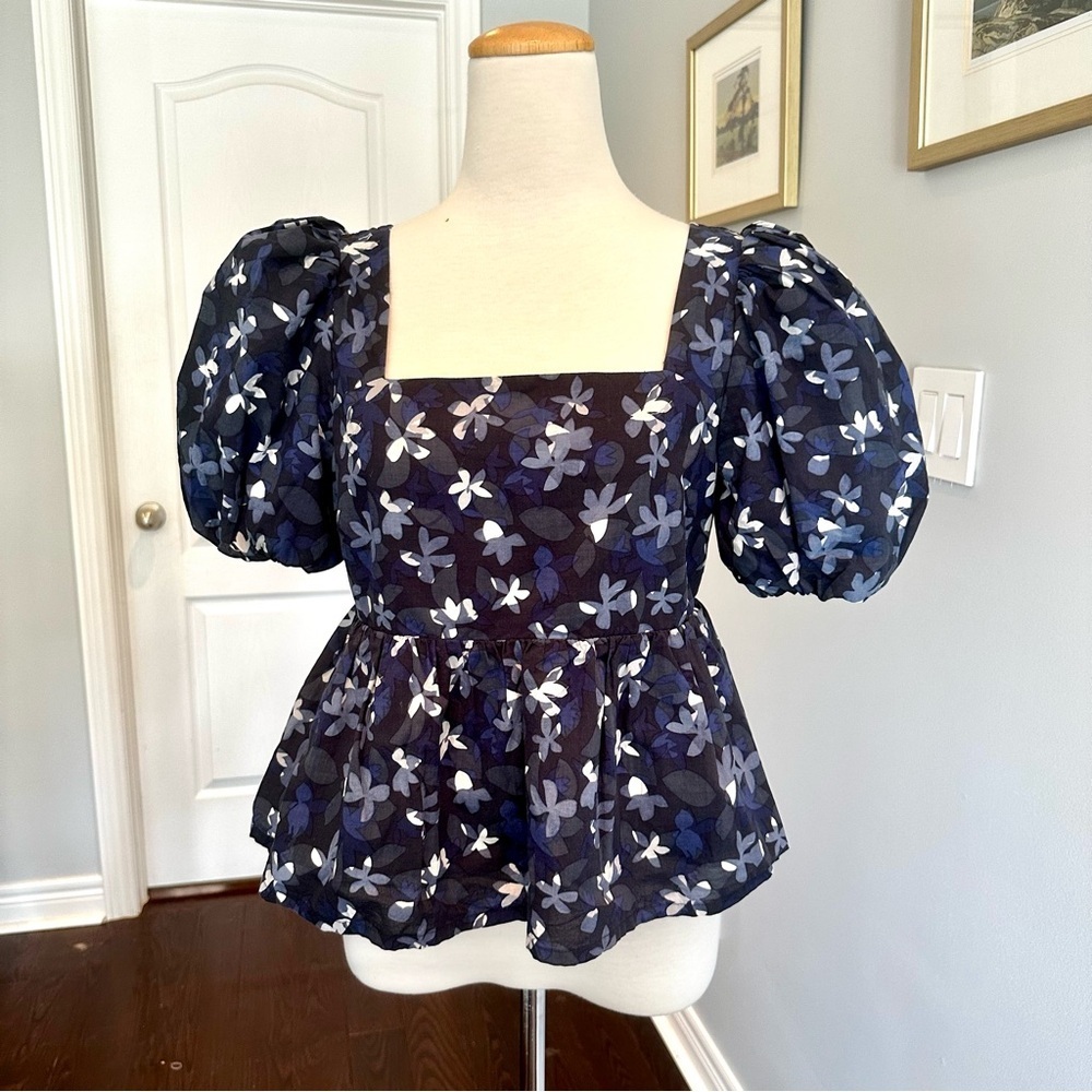 HUDSON NORTH Floral Baby Doll Puff Sleeve Top - Blue